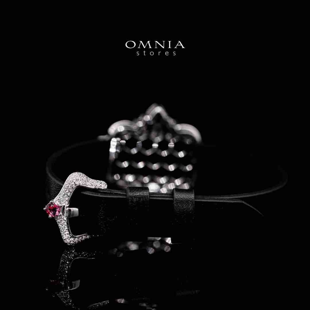 Omnia Bayan Red Leather Strap Bracelet in 925 Silver with High Quality Simulated Diamonds - Image 2
