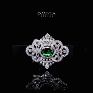 Omnia Bayan Green Leather Strap Bracelet in 925 Silver with High Quality Simulated Diamonds