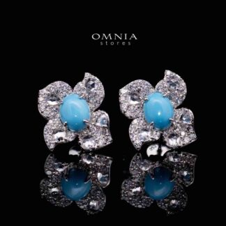 Omnia Rayan Turqoise Coral Flower Stud Earrings in 925 Silver In High Quality Simulated Diamonds