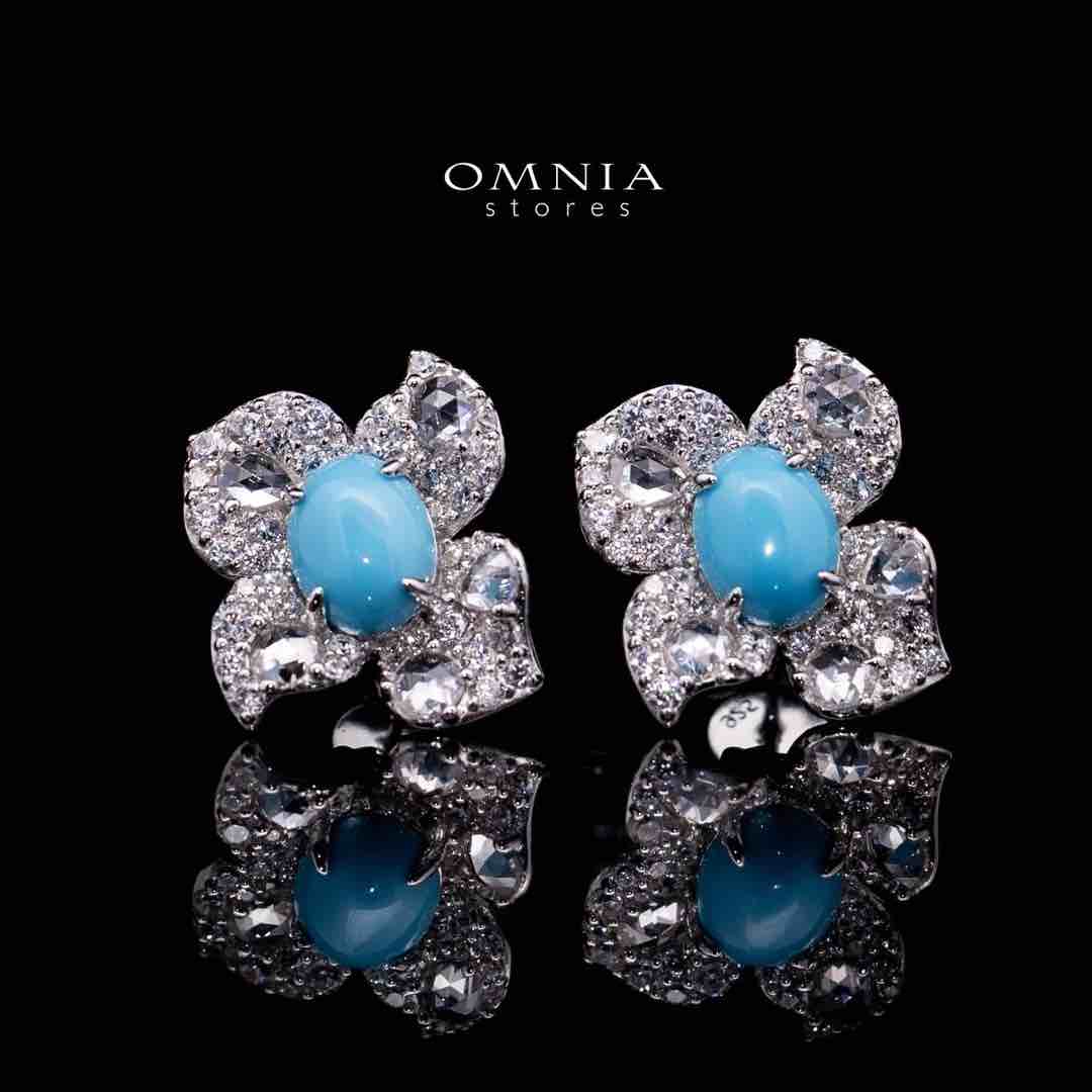 Omnia Rayan Turqoise Coral Flower Stud Earrings in 925 Silver In High Quality Simulated Diamonds