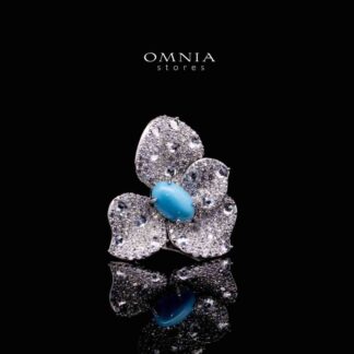 Omnia Mayyada Turqoise Coral Flower Ring in 925 Silver In High Quality Simulated Diamonds