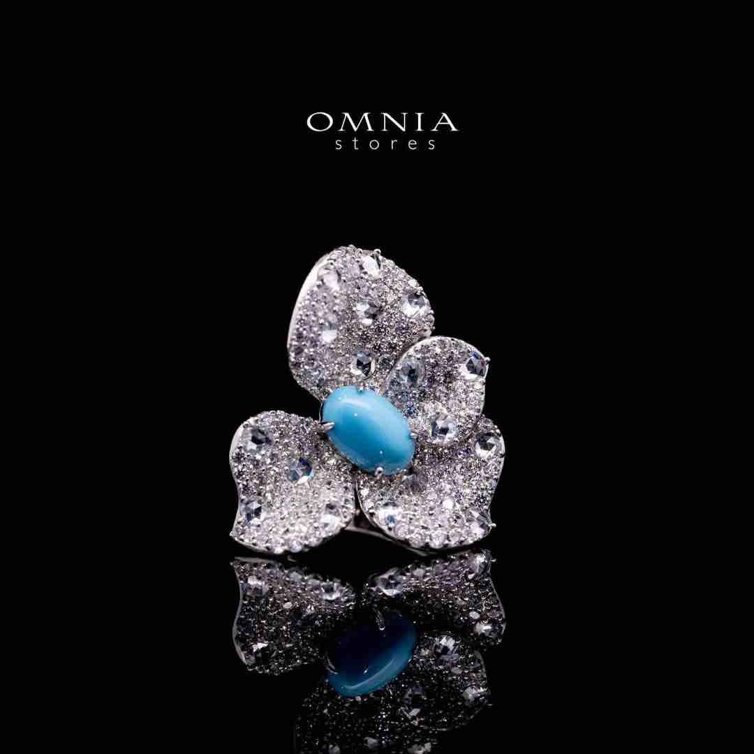 Omnia Mayyada Turqoise Coral Flower Ring in 925 Silver In High Quality Simulated Diamonds