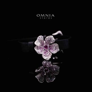 Omnia Yasmine Purple Flower Leather Strap Bracelet in 92.5 Silver with High Quality Simulated Diamonds