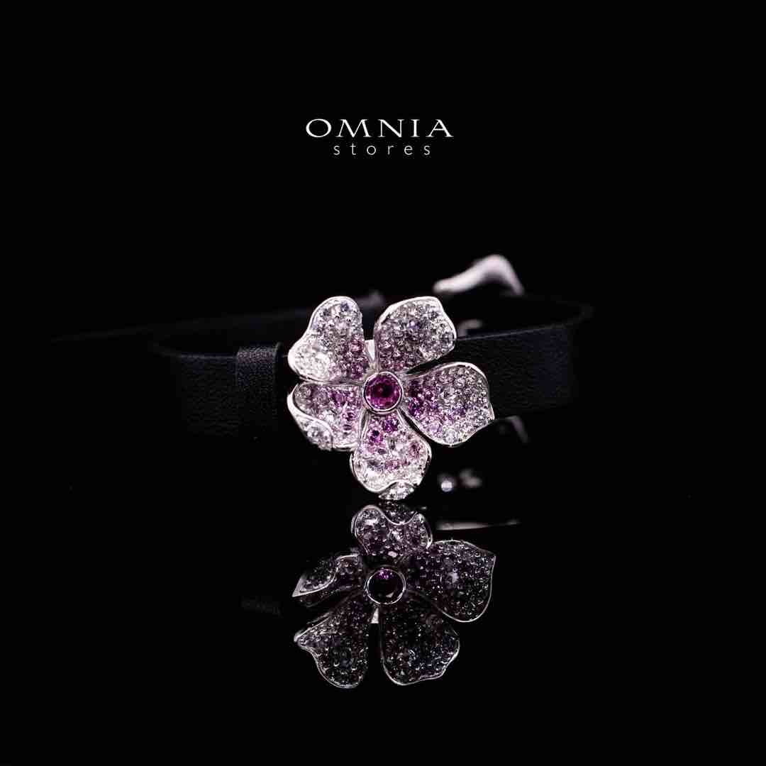 Omnia Yasmine Purple Flower Leather Strap Bracelet in 92.5 Silver with High Quality Simulated Diamonds
