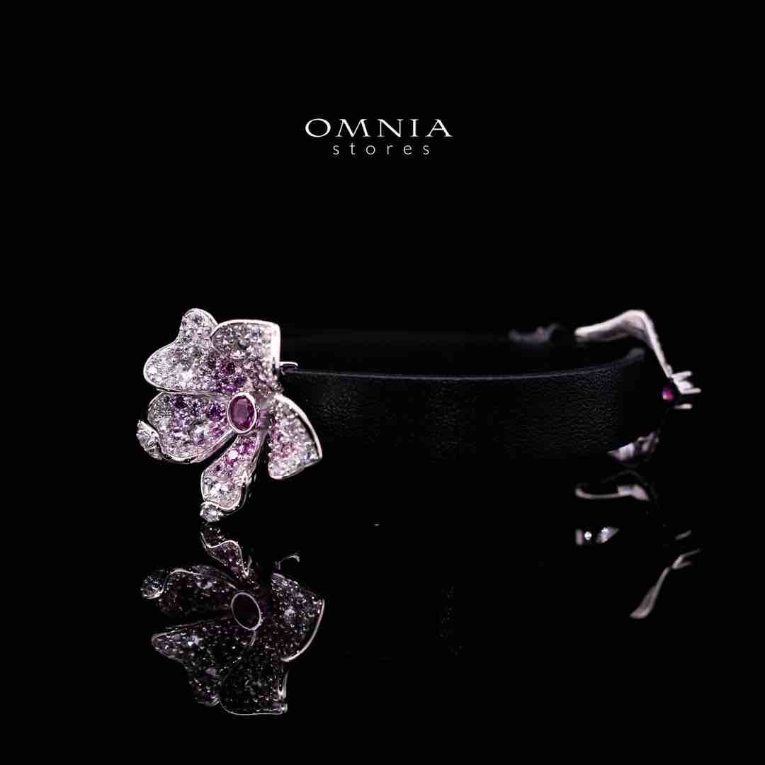 Omnia Yasmine Purple Flower Leather Strap Bracelet in 92.5 Silver with High Quality Simulated Diamonds - Image 2