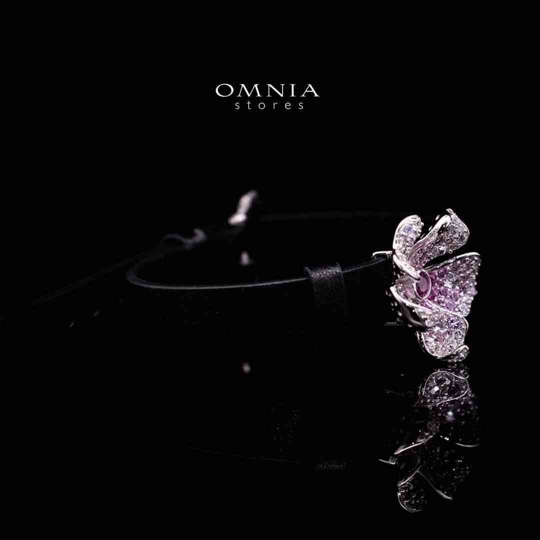 Omnia Yasmine Purple Flower Leather Strap Bracelet in 92.5 Silver with High Quality Simulated Diamonds - Image 3