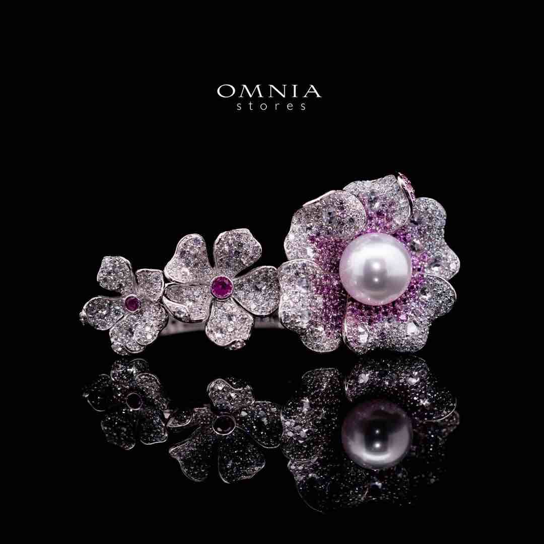 Omnia Yasmine Purple Flower Fresh Water Pearl Bracelet in 92.5 Silver with High Quality Simulated Diamonds