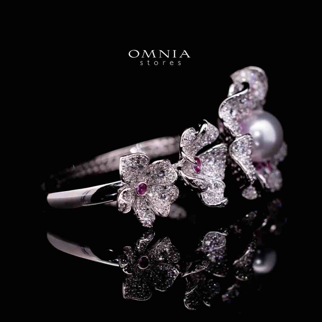 Omnia Yasmine Purple Flower Fresh Water Pearl Bracelet in 92.5 Silver with High Quality Simulated Diamonds - Image 2