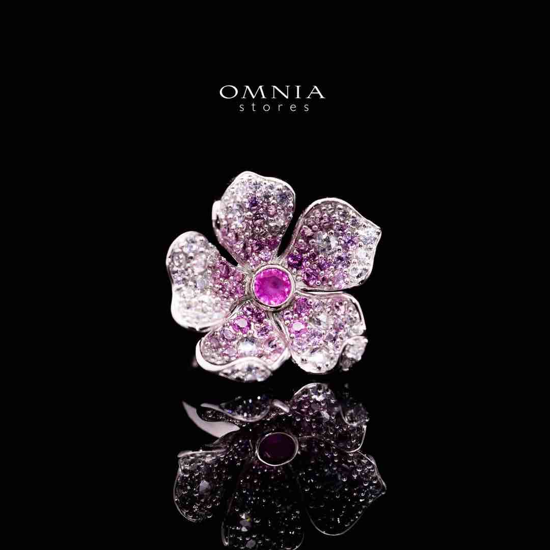 Omnia Yasmine Purple Flower Ring in 92.5 Silver with High Quality Simulated Diamonds