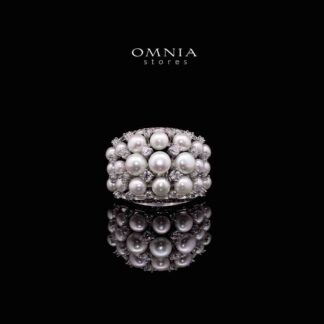 Omnia Nour White Fresh Water Pearl Silver Ring in 925 Silver In High Quality Simulated Diamonds