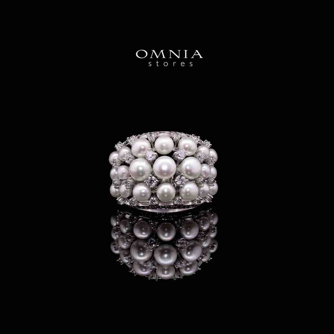 Omnia Nour White Fresh Water Pearl Silver Ring in 925 Silver In High Quality Simulated Diamonds