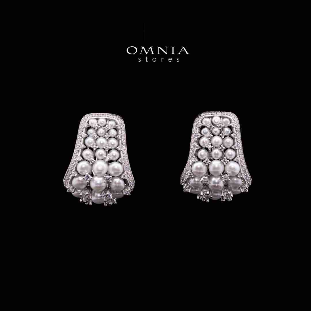 Omnia Nour White Fresh Water Pearl Silver Clip Earrings in 925 Silver In High Quality Simulated Diamonds