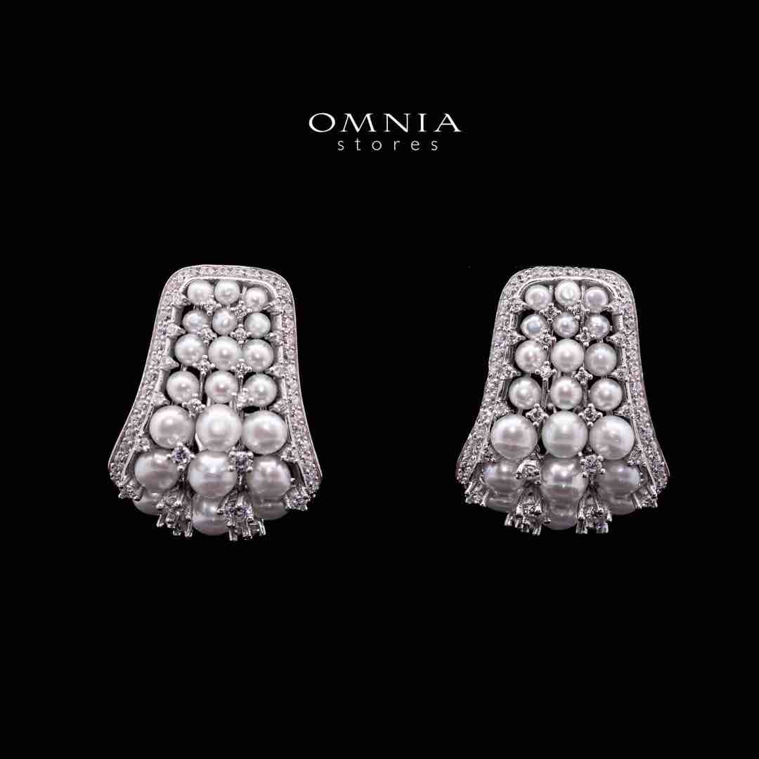 Omnia Nour White Fresh Water Pearl Silver Clip Earrings in 925 Silver In High Quality Simulated Diamonds - Image 4