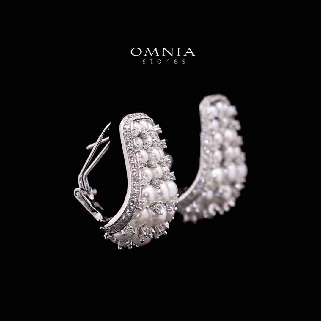 Omnia Nour White Fresh Water Pearl Silver Clip Earrings in 925 Silver In High Quality Simulated Diamonds - Image 2