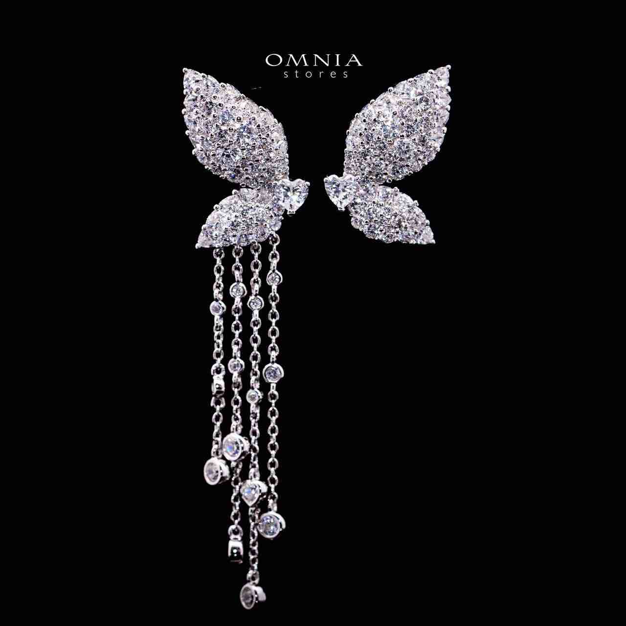 Omnia Aalia White Silver Stud Long Chain Earrings in 925 Silver In High Quality Simulated Diamonds