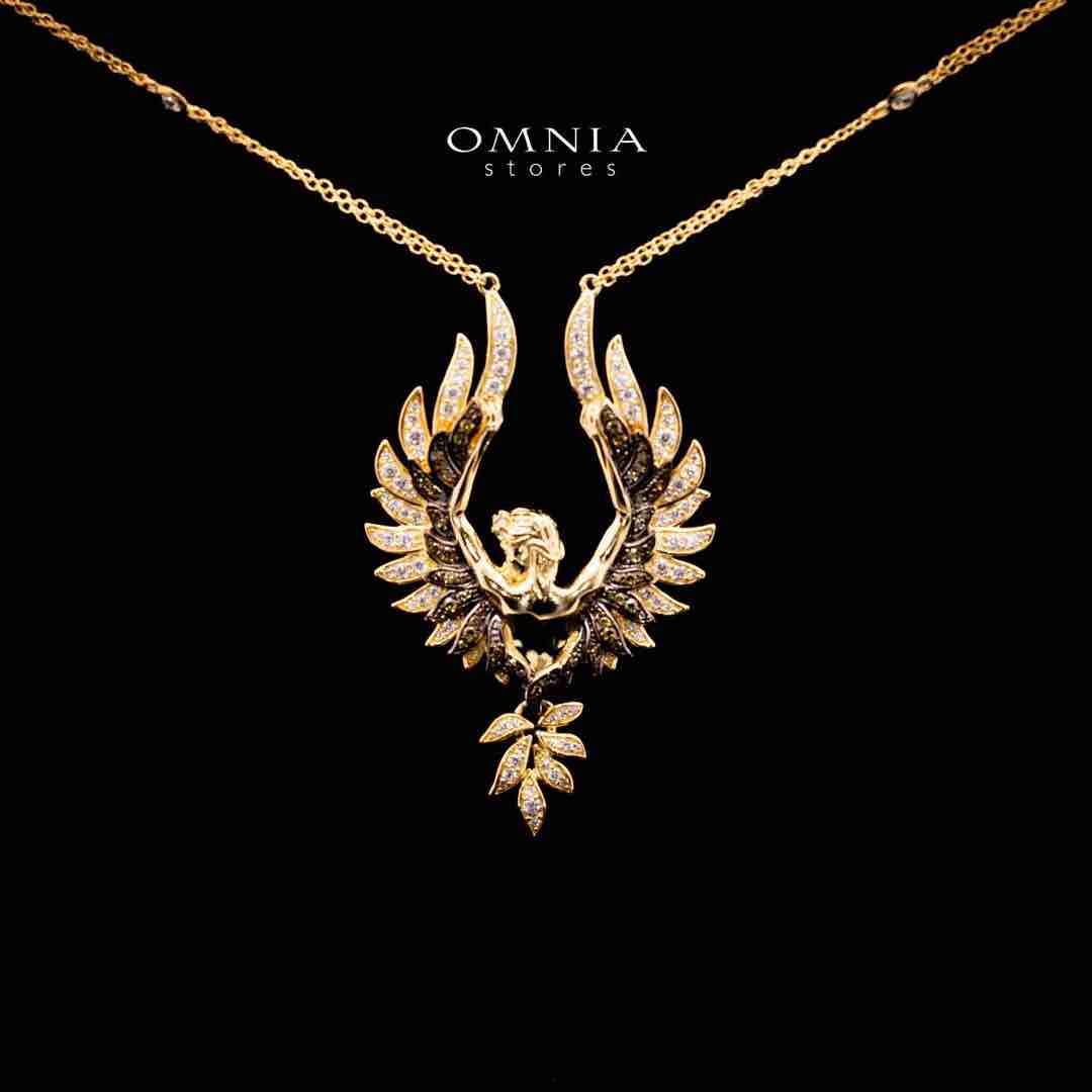Omnia Iqra Golden Winged Pendant Necklace in 925 Silver In High Quality Simulated Diamonds