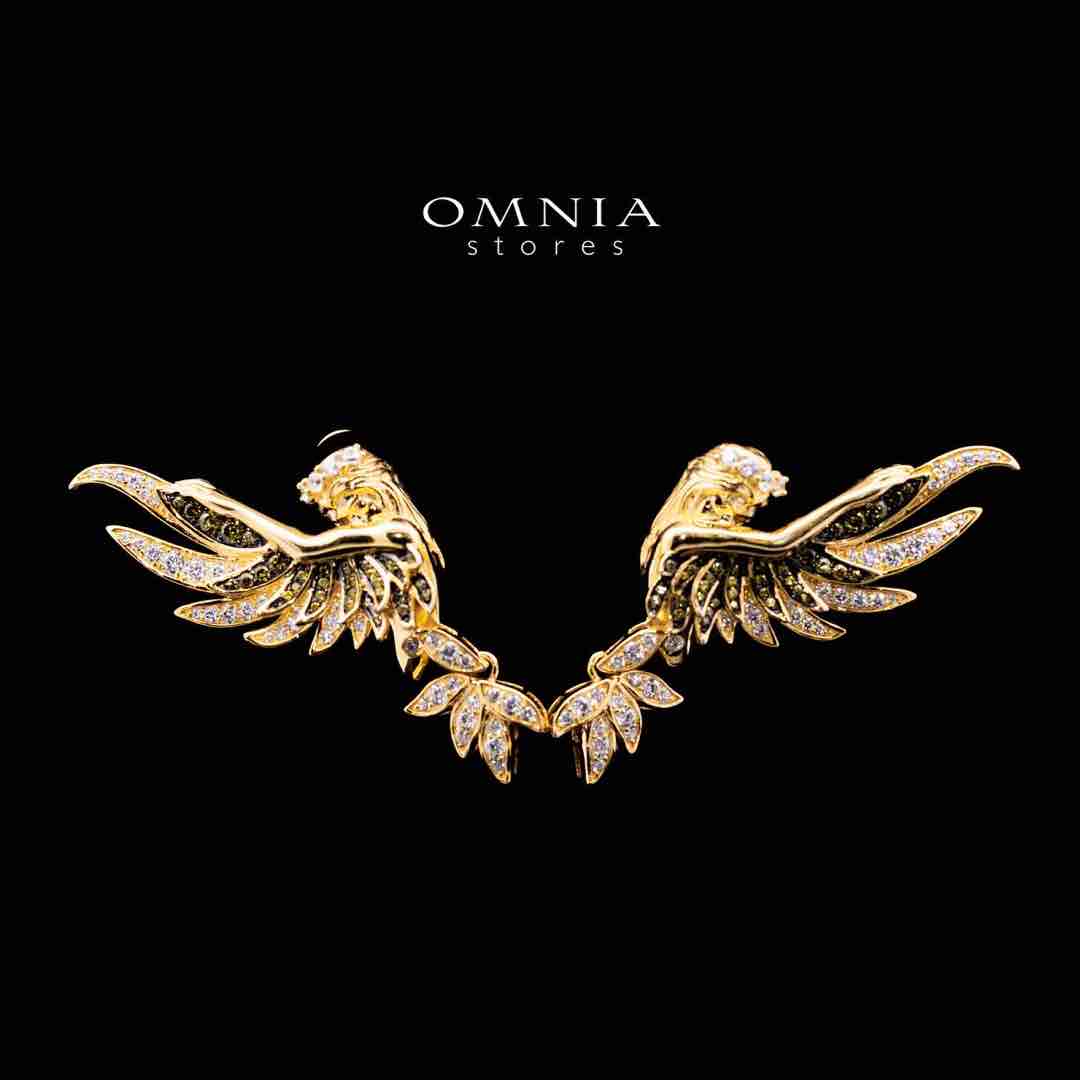 Omnia Iqra Golden Winged Clip Earrings in 925 Silver In High Quality Simulated Diamonds