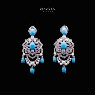 Omnia Shayma Sky Blue Coral, White Fresh Peart Silver Drop Earrrings Necklace in 925 Silver In High Quality Simulated Diamonds