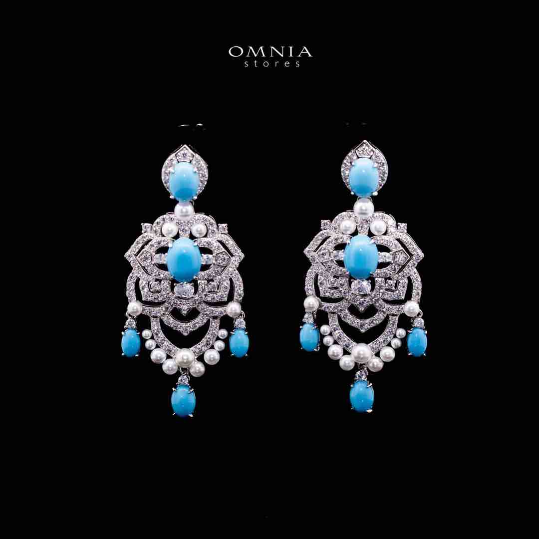 Omnia Shayma Sky Blue Coral, White Fresh Peart Silver Drop Earrrings Necklace in 925 Silver In High Quality Simulated Diamonds