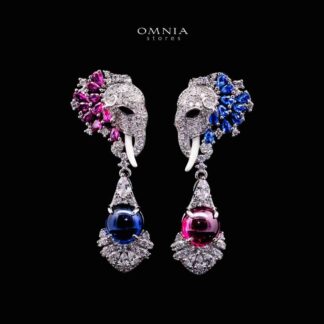 Omnia Aafreen Multi Color Elephant Design Silver Drop Earrrings Necklace in 925 Silver In High Quality Simulated Diamonds