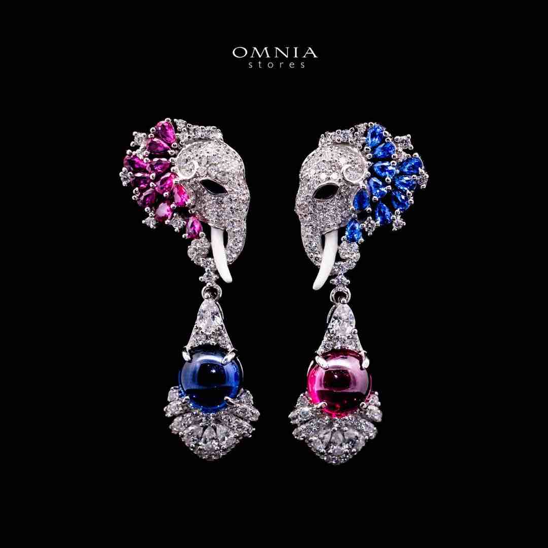 Omnia Aafreen Multi Color Elephant Design Silver Drop Earrrings Necklace in 925 Silver In High Quality Simulated Diamonds