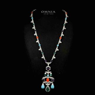 Omnia Raniya Chandelier Multi Color Silver Long Chain Necklace In 925 Silver High Quality Certified Lab Crafted Stones
