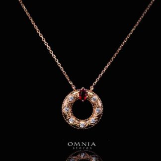 Omnia Suhairah Rose Gold Silver Pendant Necklace In 925 Silver High Quality Certified Red Lab Crafted Stones