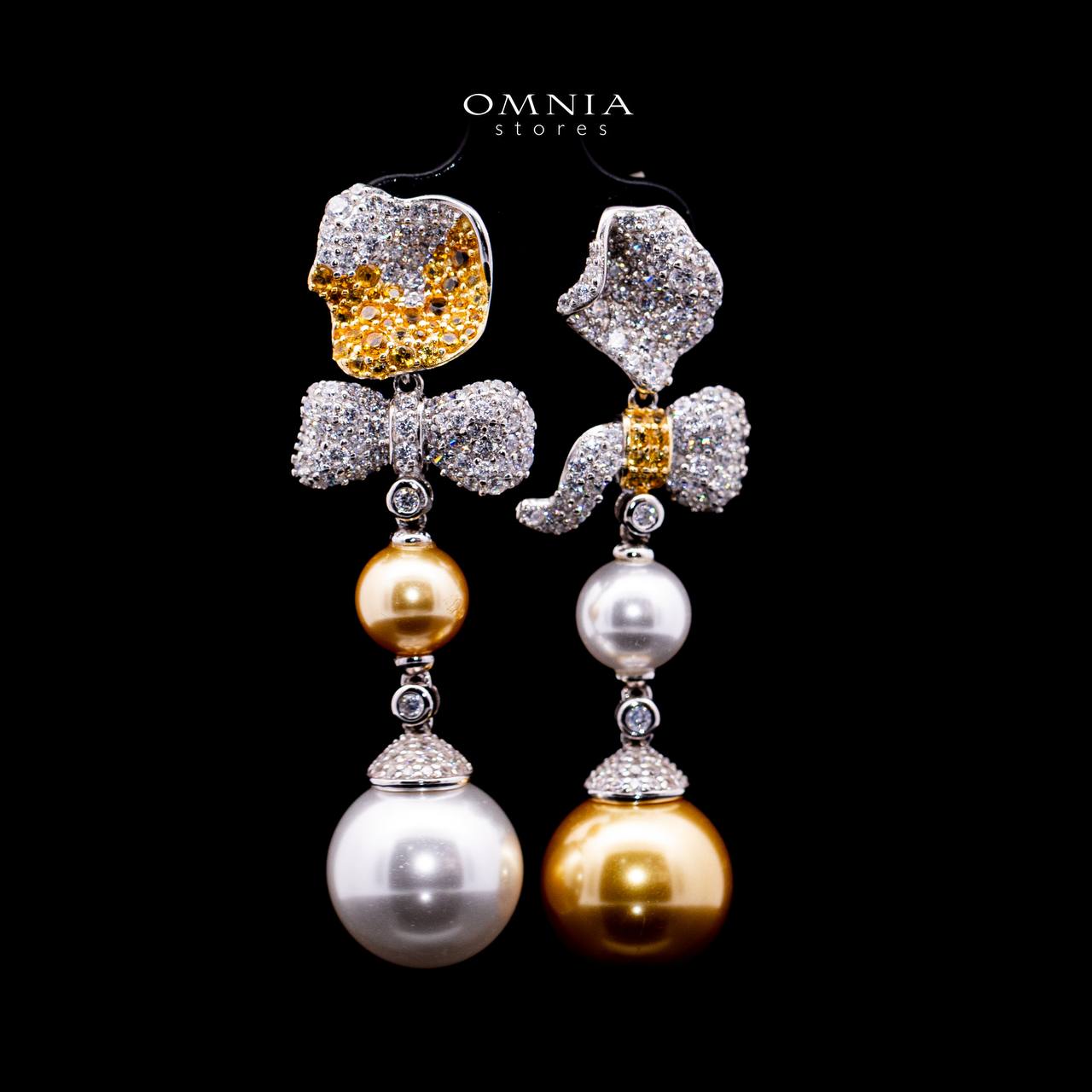 Omnia Haseena White and Gold Fresh Pearl Floral Drop Earrrings in 925 Silver In High Quality Simulated Diamonds - Image 2