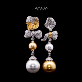 Omnia Haseena White and Gold Fresh Pearl Floral Drop Earrrings in 925 Silver In High Quality Simulated Diamonds
