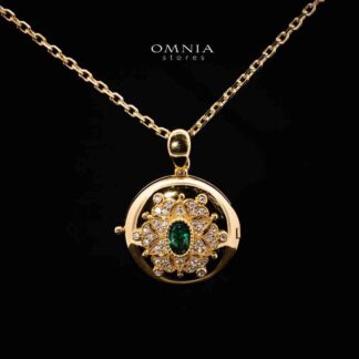 Omnia Firyal Gold Locket Peandant Necklace In 925 Silver High Quality Certified Lab Crafted Green Stones