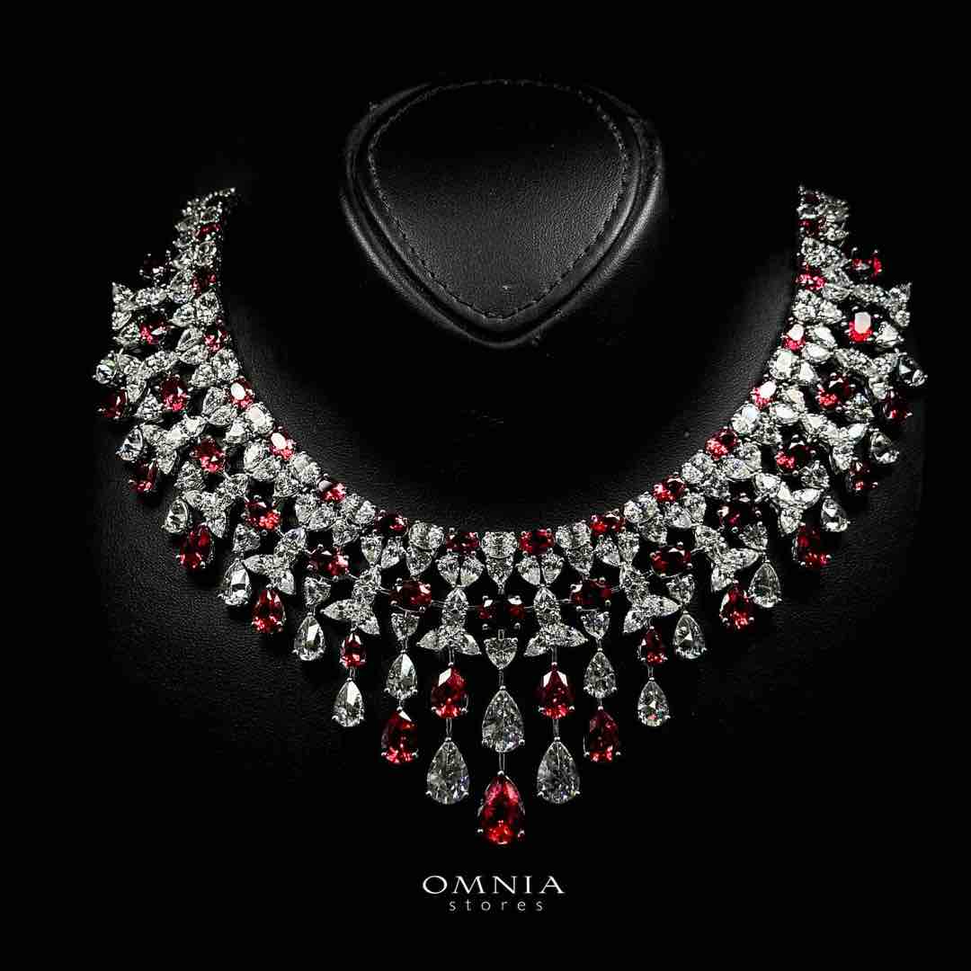 Omnia Ikraam Red and White Necklace In 925 Silver High Quality Certified Lab Crafted Stones