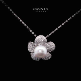 Omnia Najaah Floral Fresh Water Pearl Pendant Necklace in 925 Silver In High Quality Simulated Diamonds