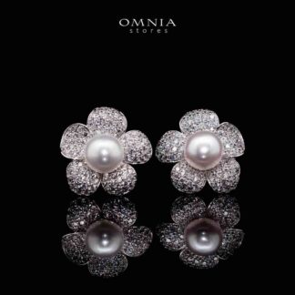 Omnia Najaah Floral Fresh Water Pearl Clip Earrings in 925 Silver In High Quality Simulated Diamonds