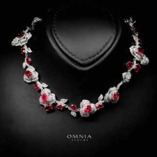 Omnia Nazeeya Red Floral Necklace in 925 Silver with High Quality Simulated Diamonds