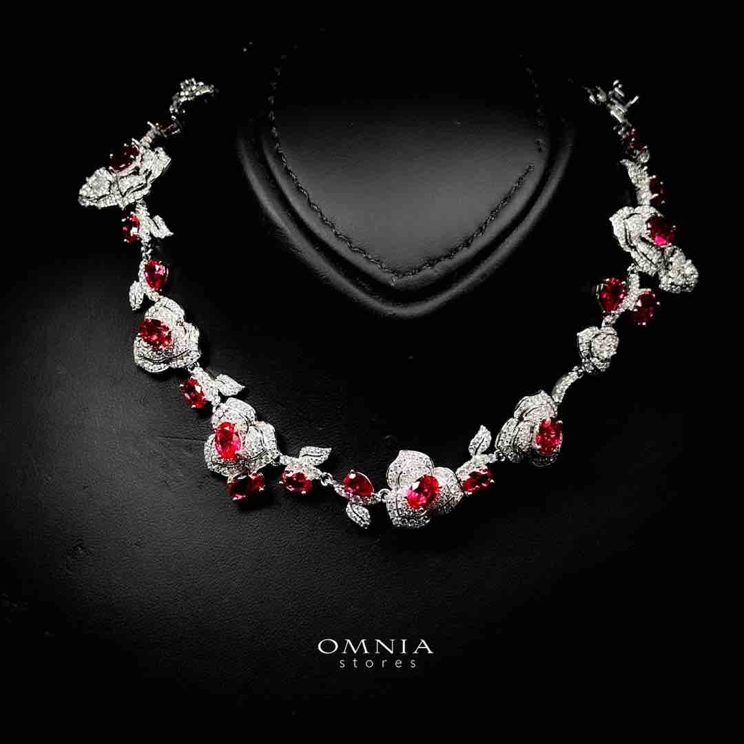 Omnia Nazeeya Red Floral Necklace in 925 Silver with High Quality Simulated Diamonds - Image 2