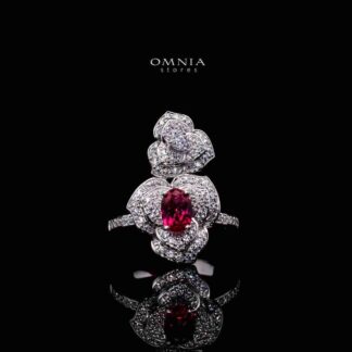 Omnia Nazeeya Red Floral Ring in 925 Silver with High Quality Simulated Diamonds