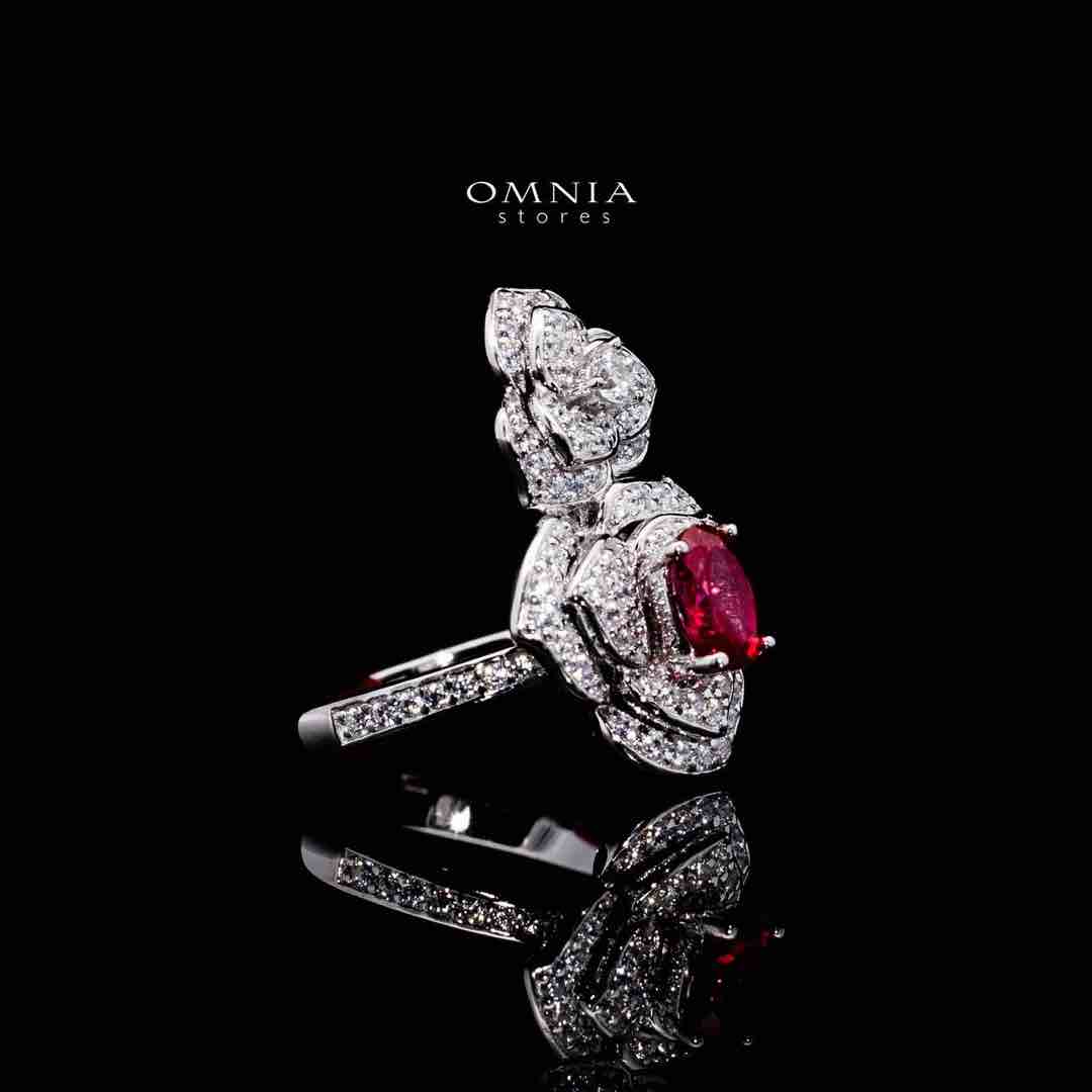 Omnia Nazeeya Red Floral Ring in 925 Silver with High Quality Simulated Diamonds - Image 2