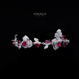 Omnia Nazeeya Red Floral Drop Bracelet in 925 Silver with High Quality Simulated Diamonds