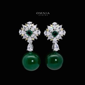 Omnia Nashita Green Pearl Drop Earrings in 925 Silver In High Quality Simulated Diamonds
