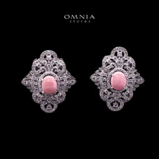 Omnia Bayan Pink Coral Stud Earrings in 925 Silver with High Quality Simulated Diamonds