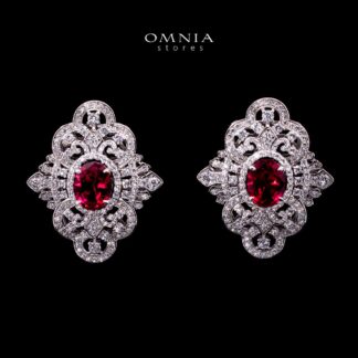 Omnia Bayan Red Coral Stud Earrings in 925 Silver with High Quality Simulated Diamonds