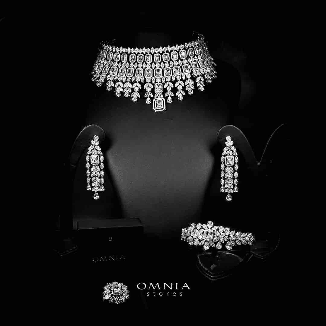 Omnia Nashida Luxury Bridal White Choker Full Set in High Quality Zircon Stone Rhodium Plated