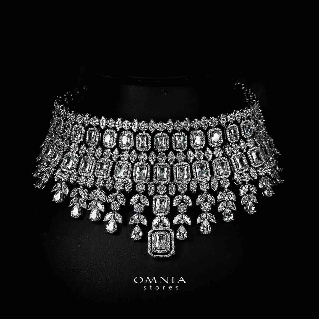 Omnia Nashida Luxury Bridal White Choker Full Set in High Quality Zircon Stone Rhodium Plated - Image 2