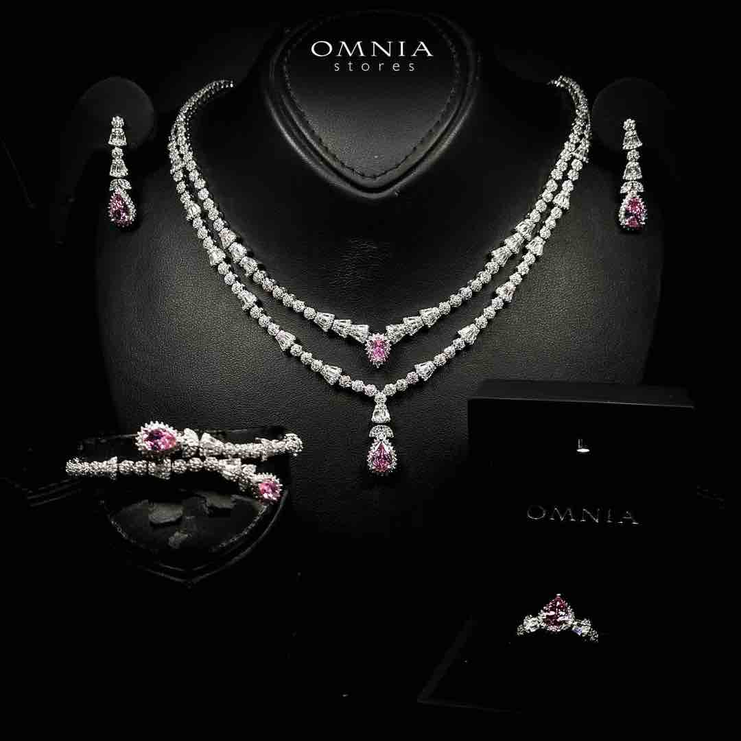 Omnia Ethereal Pink Drop Luxury Bridal Full Set in High Quality Rhodium Plated Zircon Stones