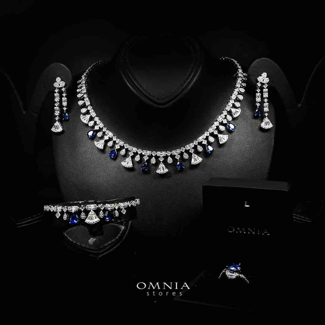 Omnia Marwa Blue Bridal Full Set in High Quality Zircon Stone Rhodium Plated