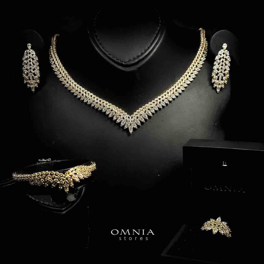 Omnia Rouba Golden Bridal Full Set in High Quality Zircon Stone Rhodium Plated