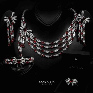 Omnia Mawada Red Bridal Full Set with Elegant Bow-Accent Design and High-Quality Zircon Stones in Rhodium Plated Finish