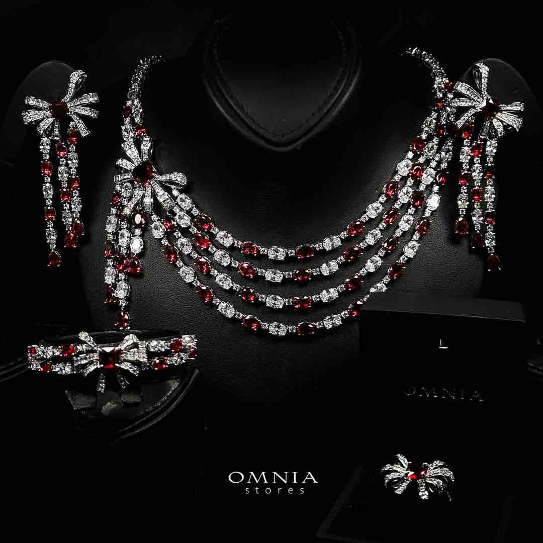 Omnia Mawada Red Bridal Full Set with Elegant Bow-Accent Design and High-Quality Zircon Stones in Rhodium Plated Finish