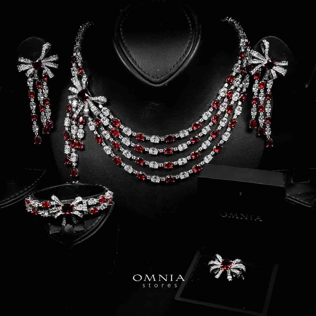 Omnia Mawada Red Bridal Full Set with Elegant Bow-Accent Design and High-Quality Zircon Stones in Rhodium Plated Finish - Image 2
