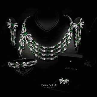 Omnia Mawada Green Bridal Full Set with Elegant Bow-Accent Design and High-Quality Zircon Stones in Rhodium Plated Finish